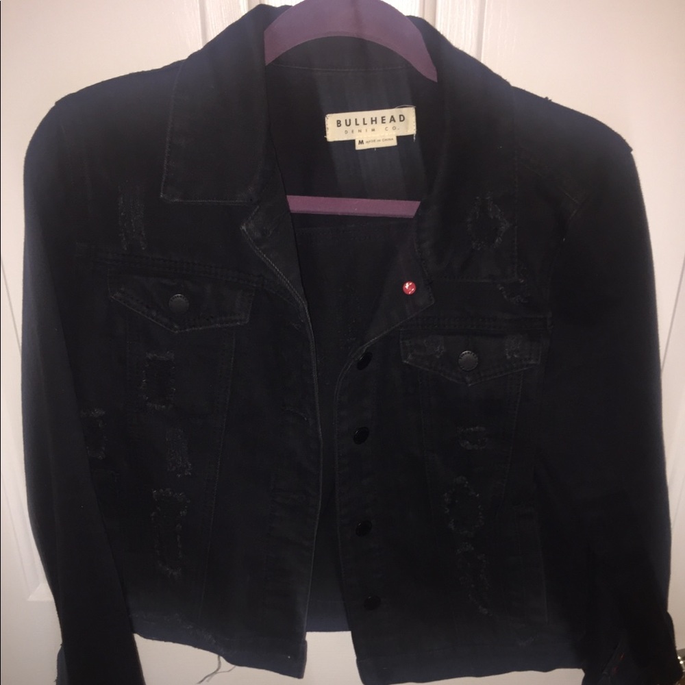 Distressed Black Denim Bullhead Jacket